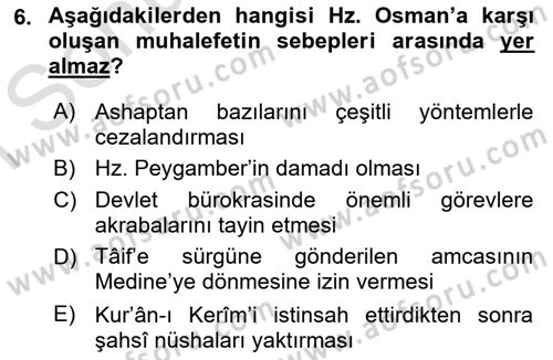 İslam Tarihi ve Medeniyeti 1 Dersi 2019 - 2020 Yılı (Final) Dönem Sonu Sınav Soruları 6. Soru