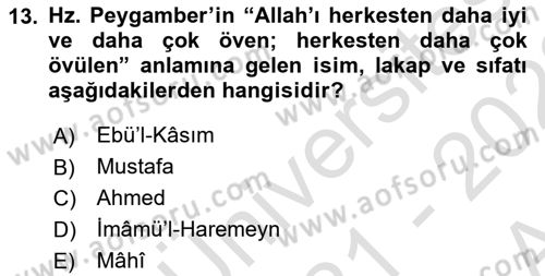 İslam Tarihi ve Medeniyeti 1 Dersi 2021 - 2022 Yılı (Vize) Ara Sınav Soruları 13. Soru