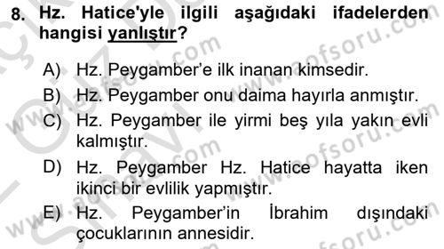 İslam Tarihi ve Medeniyeti 1 Dersi 2021 - 2022 Yılı (Vize) Ara Sınav Soruları 8. Soru