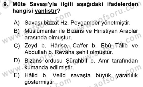İslam Tarihi ve Medeniyeti 1 Dersi Ara Sınavı Deneme Sınav Soruları 9. Soru