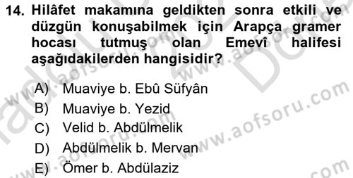 İslam Tarihi ve Medeniyeti 1 Dersi 2021 - 2022 Yılı (Final) Dönem Sonu Sınav Soruları 14. Soru