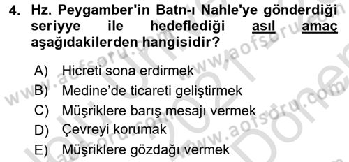 İslam Tarihi ve Medeniyeti 1 Dersi 2021 - 2022 Yılı (Final) Dönem Sonu Sınav Soruları 4. Soru