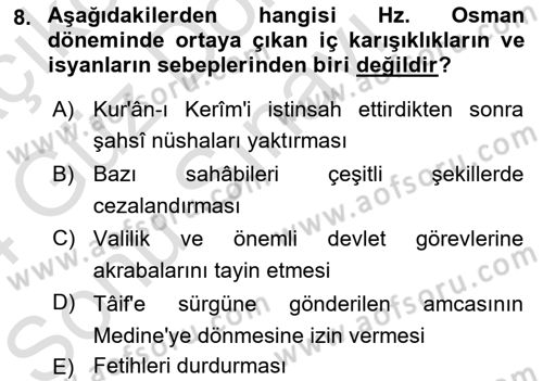İslam Tarihi ve Medeniyeti 1 Dersi 2023 - 2024 Yılı (Final) Dönem Sonu Sınav Soruları 8. Soru