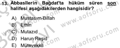 İslam Tarihi ve Medeniyeti 2 Dersi 2016 - 2017 Yılı (Vize) Ara Sınav Soruları 13. Soru
