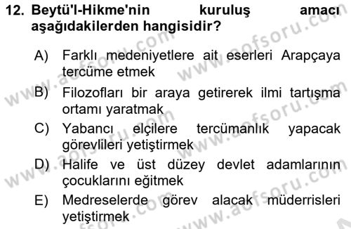 İslam Tarihi ve Medeniyeti 2 Dersi 2016 - 2017 Yılı (Final) Dönem Sonu Sınav Soruları 12. Soru