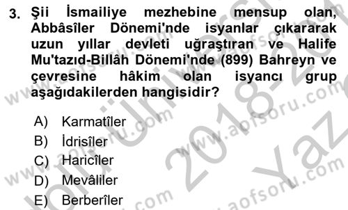 İslam Tarihi ve Medeniyeti 2 Dersi 2018 - 2019 Yılı Yaz Okulu Sınav Soruları 3. Soru