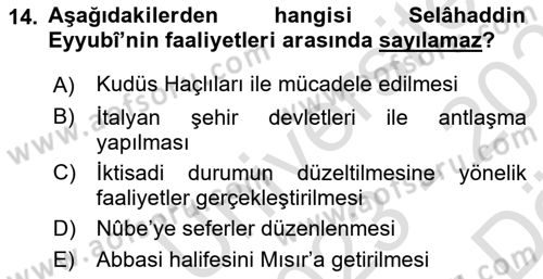 İslam Tarihi ve Medeniyeti 2 Dersi 2023 - 2024 Yılı (Vize) Ara Sınav Soruları 14. Soru