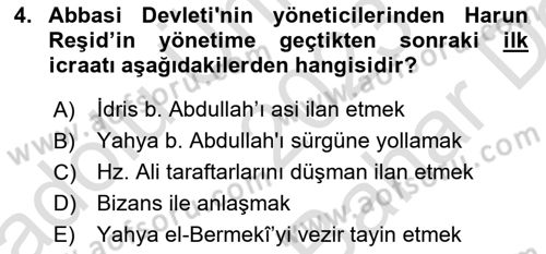 İslam Tarihi ve Medeniyeti 2 Dersi 2023 - 2024 Yılı (Vize) Ara Sınav Soruları 4. Soru