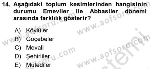 İslam Tarihi ve Medeniyeti 2 Dersi 2023 - 2024 Yılı (Final) Dönem Sonu Sınav Soruları 14. Soru