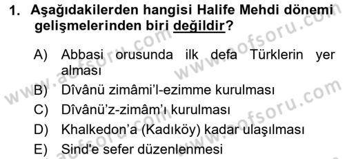 İslam Tarihi ve Medeniyeti 2 Dersi 2024 - 2025 Yılı (Vize) Ara Sınav Soruları 1. Soru