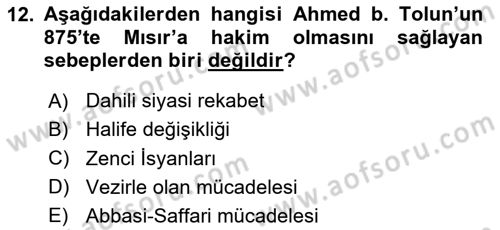 İslam Tarihi ve Medeniyeti 2 Dersi 2024 - 2025 Yılı (Vize) Ara Sınav Soruları 12. Soru