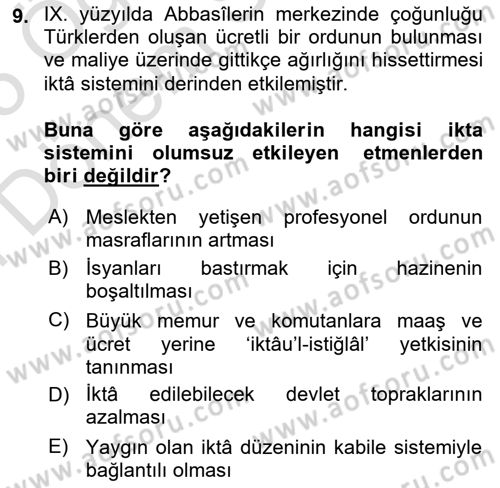 İslam Tarihi ve Medeniyeti 2 Dersi 2024 - 2025 Yılı (Final) Dönem Sonu Sınav Soruları 9. Soru