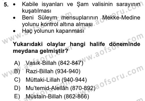 İslam Tarihi ve Medeniyeti 2 Dersi 2025 - 2026 Yılı (Vize) Ara Sınav Soruları 5. Soru