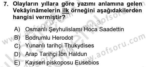 Tarih Metodu Dersi Ara Sınavı Deneme Sınav Soruları 7. Soru