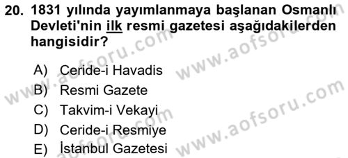 Tarih Metodu Dersi 2018 - 2019 Yılı (Final) Dönem Sonu Sınav Soruları 20. Soru
