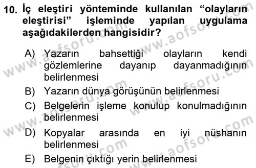 Tarih Metodu Dersi 2019 - 2020 Yılı (Vize) Ara Sınav Soruları 10. Soru