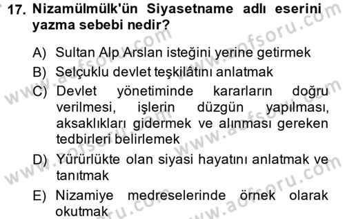 Büyük Selçuklu Tarihi Dersi 2013 - 2014 Yılı (Final) Dönem Sonu Sınav Soruları 17. Soru