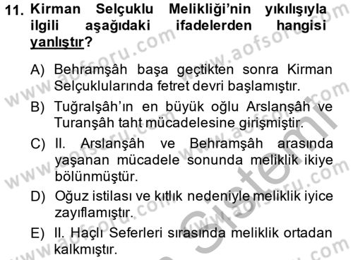 Büyük Selçuklu Tarihi Dersi 2014 - 2015 Yılı (Final) Dönem Sonu Sınav Soruları 11. Soru