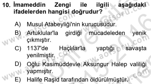 Büyük Selçuklu Tarihi Dersi 2015 - 2016 Yılı (Final) Dönem Sonu Sınav Soruları 10. Soru