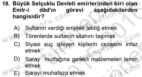 Büyük Selçuklu Tarihi Dersi 2015 - 2016 Yılı (Final) Dönem Sonu Sınav Soruları 18. Soru