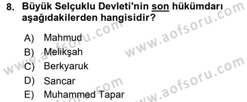 Büyük Selçuklu Tarihi Dersi 2015 - 2016 Yılı (Final) Dönem Sonu Sınav Soruları 8. Soru