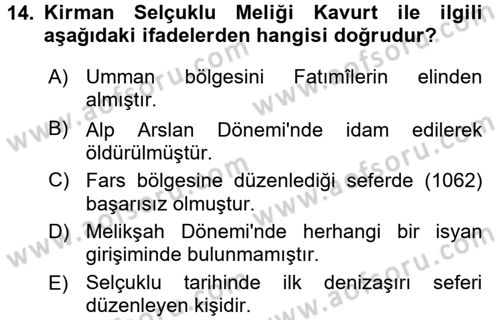 Büyük Selçuklu Tarihi Dersi 2016 - 2017 Yılı (Final) Dönem Sonu Sınav Soruları 14. Soru