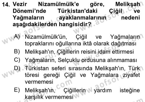 Büyük Selçuklu Tarihi Dersi 2017 - 2018 Yılı (Vize) Ara Sınav Soruları 14. Soru