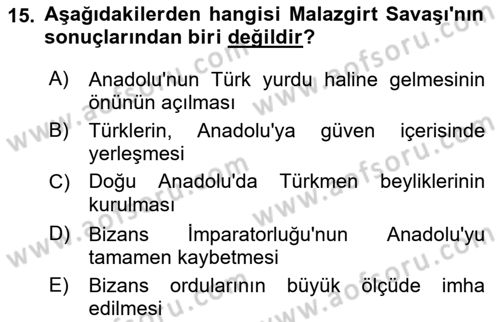 Büyük Selçuklu Tarihi Dersi 2017 - 2018 Yılı (Vize) Ara Sınav Soruları 15. Soru