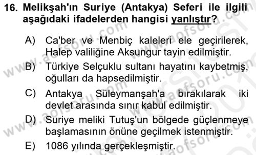 Büyük Selçuklu Tarihi Dersi 2017 - 2018 Yılı (Vize) Ara Sınav Soruları 16. Soru
