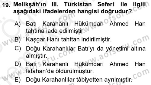 Büyük Selçuklu Tarihi Dersi 2017 - 2018 Yılı (Vize) Ara Sınav Soruları 19. Soru