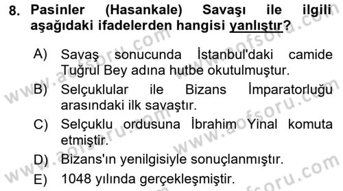 Büyük Selçuklu Tarihi Dersi 2017 - 2018 Yılı (Vize) Ara Sınav Soruları 8. Soru