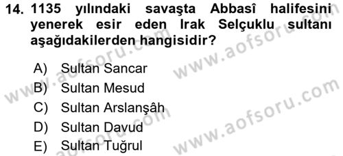 Büyük Selçuklu Tarihi Dersi 2017 - 2018 Yılı (Final) Dönem Sonu Sınav Soruları 14. Soru