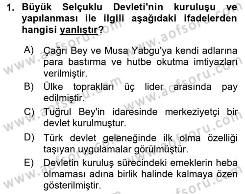 Büyük Selçuklu Tarihi Dersi 2018 - 2019 Yılı (Vize) Ara Sınav Soruları 1. Soru
