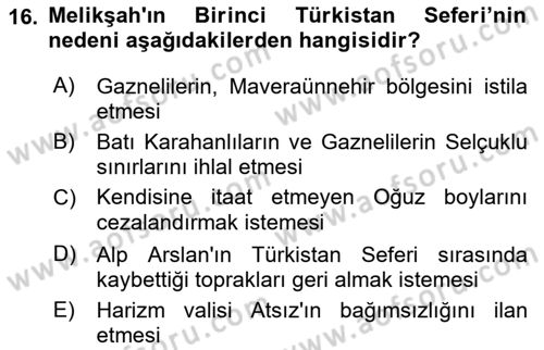 Büyük Selçuklu Tarihi Dersi 2018 - 2019 Yılı (Vize) Ara Sınav Soruları 16. Soru