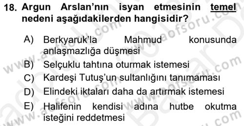 Büyük Selçuklu Tarihi Dersi 2018 - 2019 Yılı (Vize) Ara Sınav Soruları 18. Soru