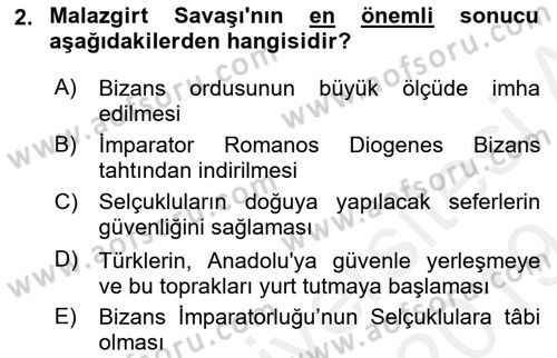 Büyük Selçuklu Tarihi Dersi 2018 - 2019 Yılı (Final) Dönem Sonu Sınav Soruları 2. Soru