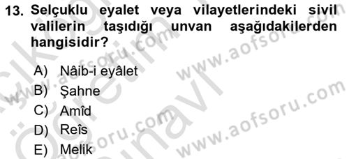 Büyük Selçuklu Tarihi Dersi 2020 - 2021 Yılı Yaz Okulu Sınav Soruları 13. Soru