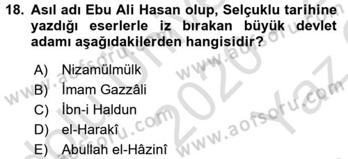 Büyük Selçuklu Tarihi Dersi 2020 - 2021 Yılı Yaz Okulu Sınav Soruları 18. Soru