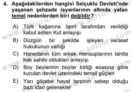 Büyük Selçuklu Tarihi Dersi 2020 - 2021 Yılı Yaz Okulu Sınav Soruları 4. Soru