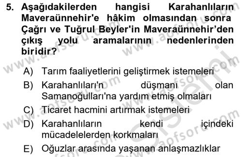 Büyük Selçuklu Tarihi Dersi 2020 - 2021 Yılı Yaz Okulu Sınav Soruları 5. Soru
