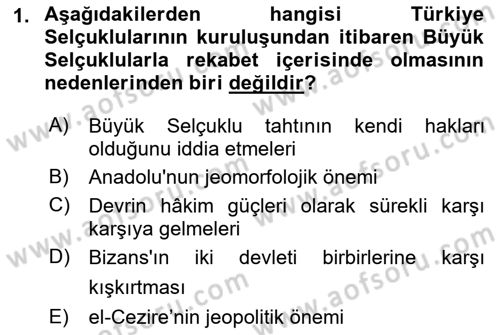 Büyük Selçuklu Tarihi Dersi 2021 - 2022 Yılı (Vize) Ara Sınav Soruları 1. Soru