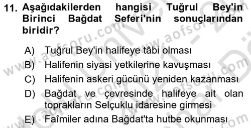 Büyük Selçuklu Tarihi Dersi 2021 - 2022 Yılı (Vize) Ara Sınav Soruları 11. Soru