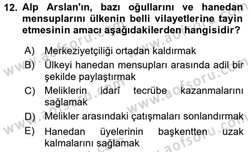 Büyük Selçuklu Tarihi Dersi 2021 - 2022 Yılı (Vize) Ara Sınav Soruları 12. Soru