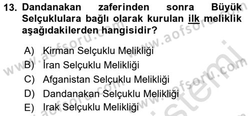 Büyük Selçuklu Tarihi Dersi 2021 - 2022 Yılı (Vize) Ara Sınav Soruları 13. Soru