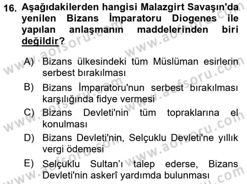 Büyük Selçuklu Tarihi Dersi 2021 - 2022 Yılı (Vize) Ara Sınav Soruları 16. Soru