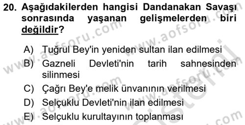 Büyük Selçuklu Tarihi Dersi 2021 - 2022 Yılı (Vize) Ara Sınav Soruları 20. Soru