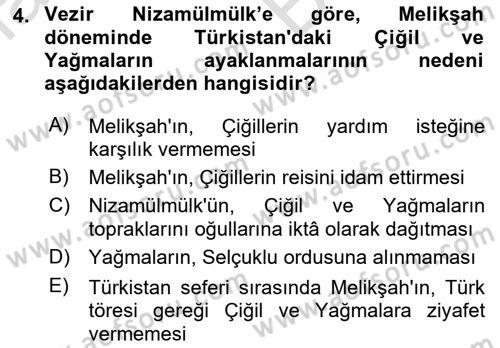 Büyük Selçuklu Tarihi Dersi 2021 - 2022 Yılı (Vize) Ara Sınav Soruları 4. Soru
