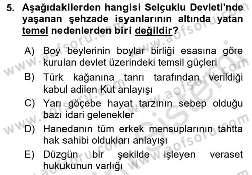 Büyük Selçuklu Tarihi Dersi 2021 - 2022 Yılı (Vize) Ara Sınav Soruları 5. Soru