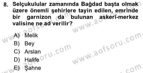 Büyük Selçuklu Tarihi Dersi 2021 - 2022 Yılı (Vize) Ara Sınav Soruları 8. Soru