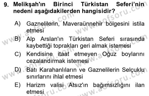 Büyük Selçuklu Tarihi Dersi 2021 - 2022 Yılı (Vize) Ara Sınav Soruları 9. Soru